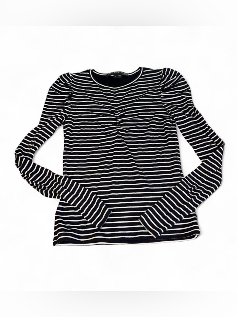 Veronica Beard Striped Long-Sleeve Puff Shoulder Top - Black/White
